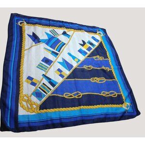 Nautical Silk Scarf Gold Rope Knots Flag Design Blue White Yellow Square Shape